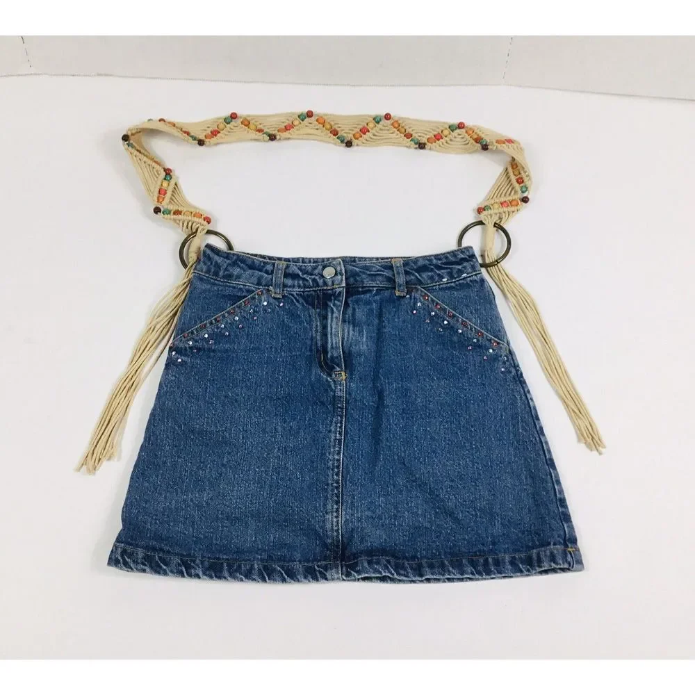 Pocketbook Macrame Handmade‎ Skirt Handbag Boho Denim Tote Rinestones Pockets